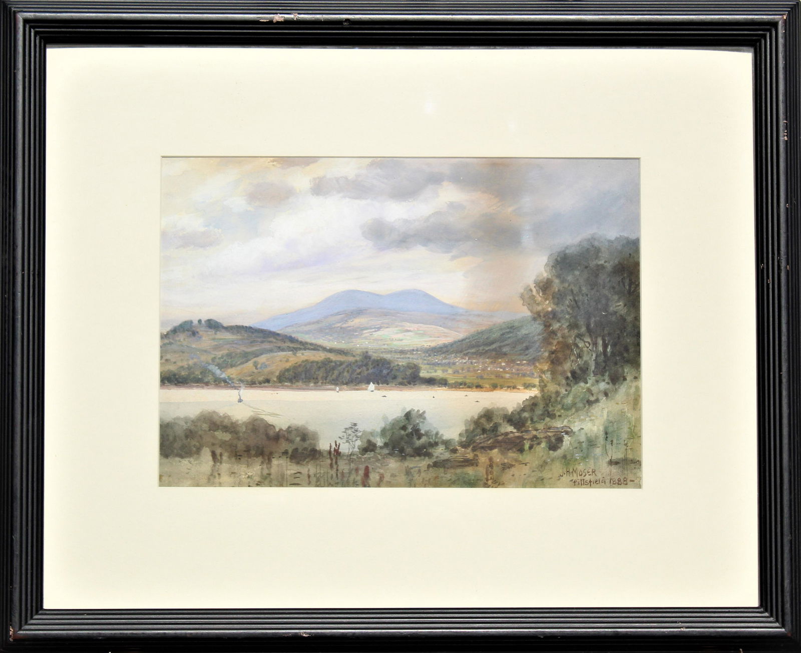 James Henry Moser (1854-1913) American, W/C: "Pittsfield 1888", signed J.H. Moser lower right, framed watercolor on paper. Born in Ontario, Canada and living many places including the District of Columbia, Texas, Mississippi, Georgia and Massach