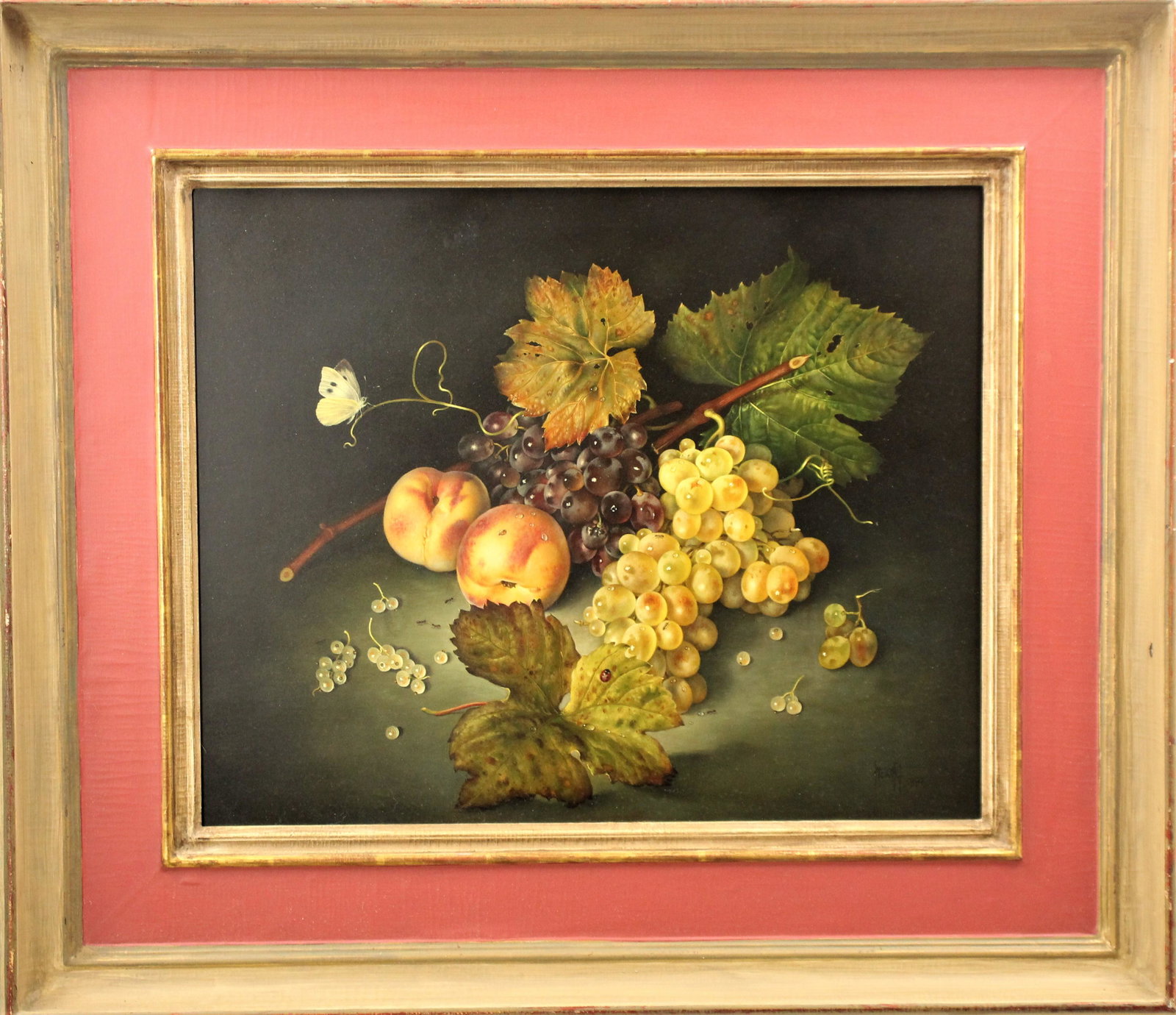 Jose Escofet (b. 1930) Still Life, Oil on Board: Oil on board painting by Jose Escofet, signed in the lower right and label verso from O Kelley Anderson Fine Arts Jensen Fine Arts. Titled "Mixed Grapes & Peaches" and dated 1997.Overall size: 28 x 32