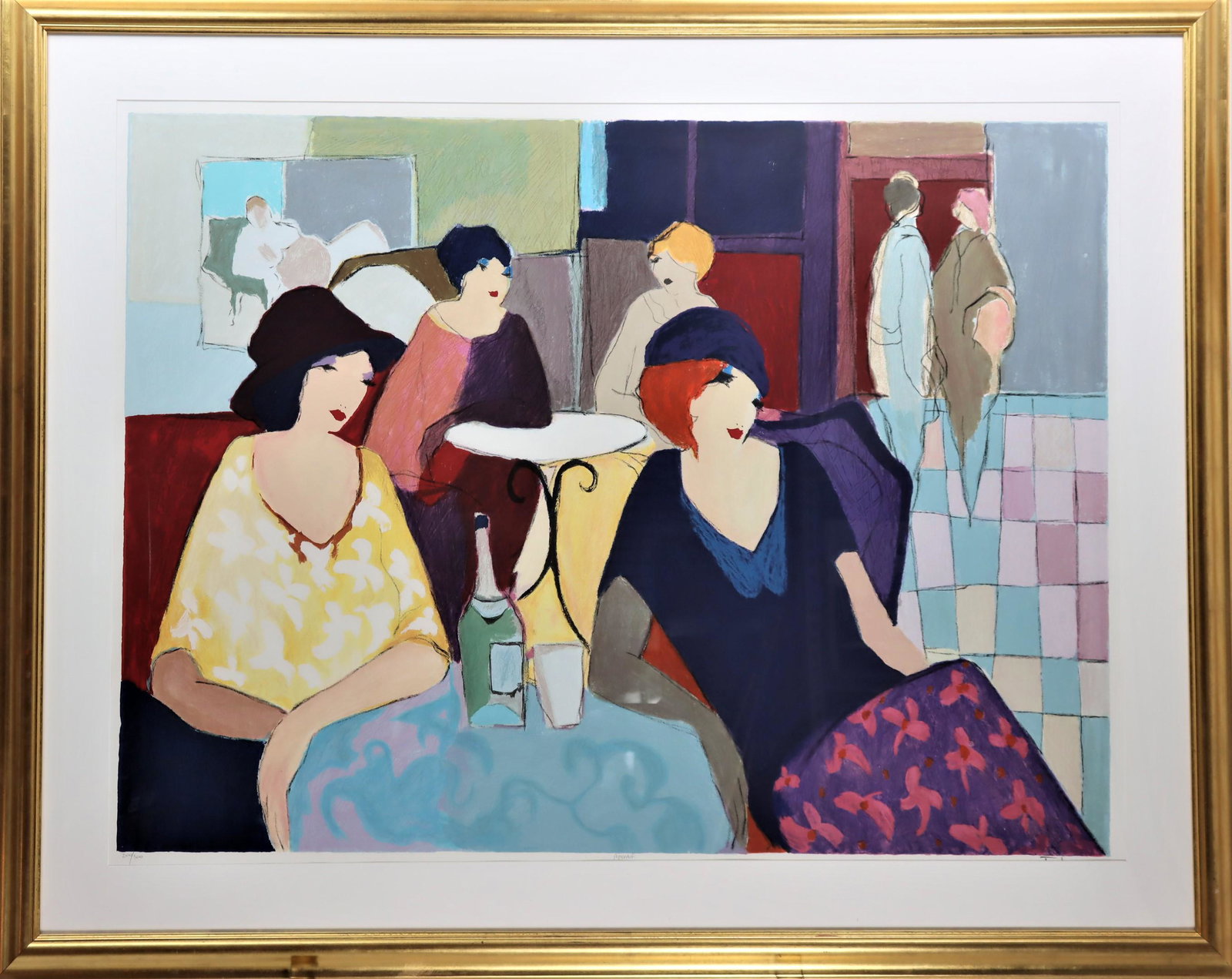 Itzchak Tarkay (1935-2012) Hungarian, Color Litho: Color lithograph titled, "Apertif", depicts a bar cafe scene in which women relax in the company of friends. Numbered 200/300 and signed in the margin. Itzchak Tarkay was an artist with a remarkable h