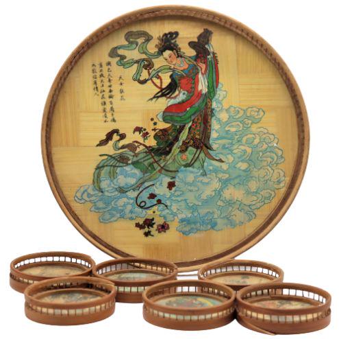 Beautiful Japanese Tray with Coasters: This is a beautifully painted tea tray with (6) individual coasters. Rims of coasters have some separation. Sold as is. Size: 3 1/2 x 1 in. and tray size: 11 1/2 in diameterPlease note that all sales