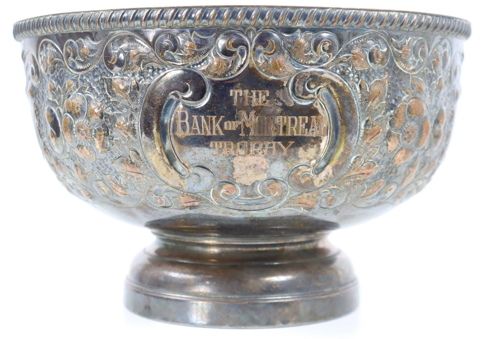 19th C Silver Plate Bank of Montreal Trophy Bowl: Bank of Montreal trophy bowl, silver relief. Size: 6 x 10 in. Please note that all sales are final. No refunds will be given under any circumstances.