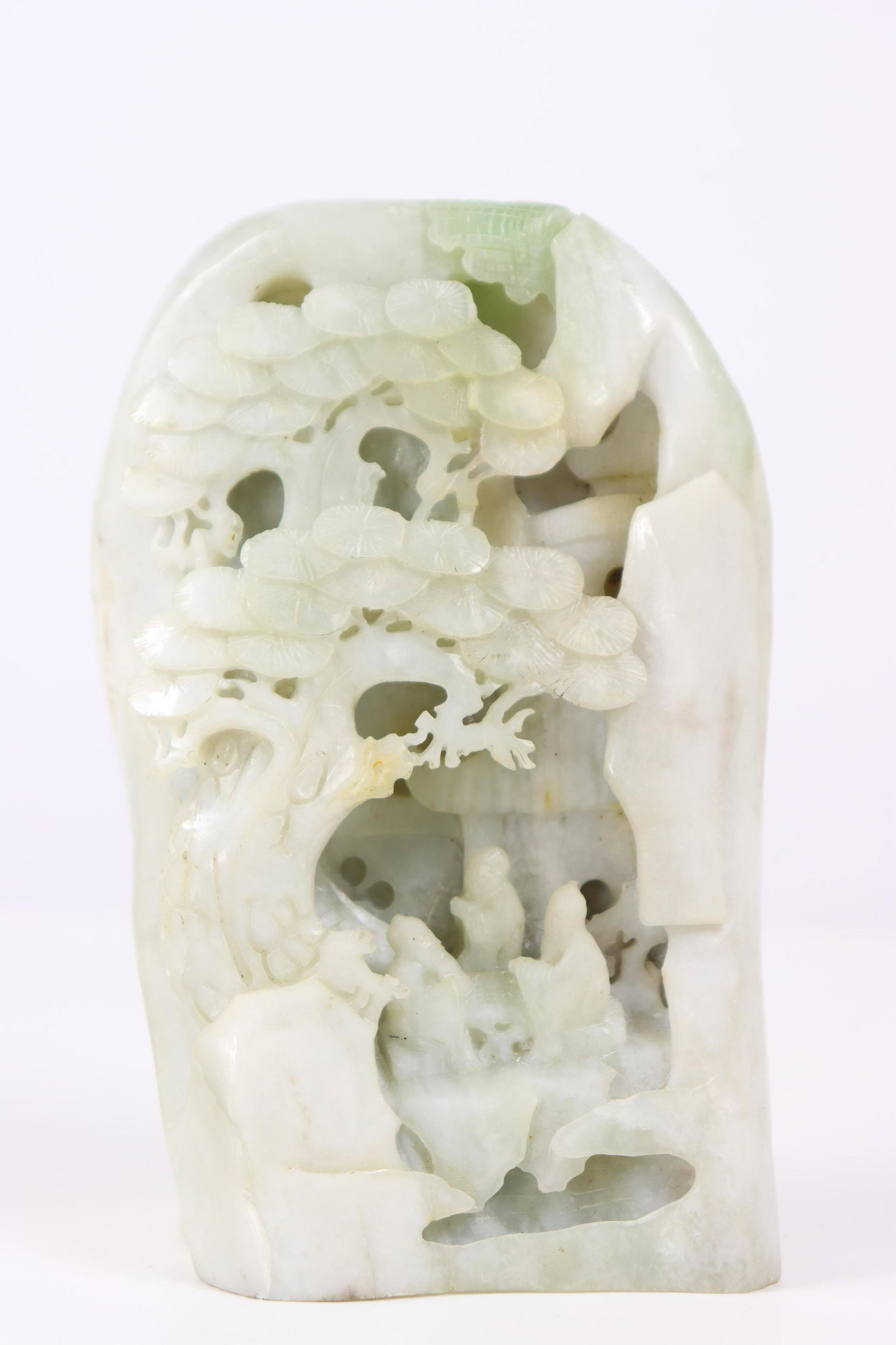 Celadon Jadeite Sculpture with Trees: Size: 3 1/2 x 2 1/2 x 6 1/2 in.Please note that all sales are final. No refunds will be given under any circumstances.
