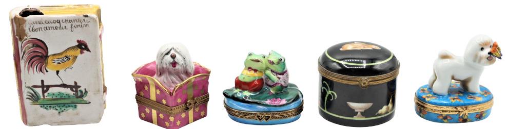 (5) Various Limoges Painted Porcelain Boxes: This is a lovely collection of painted porcelain boxes of various themes. Some are signed All under 3 x 2 1/4 x 1 in.Please note that all sales are final. No refunds will be given under any circumstan