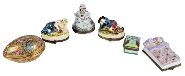 (6) Various Limoges Painted Porcelain Boxes: This is a lovely collection of painted porcelain boxes of various themes. Some are signed Size: 3 x 2 x 1 in.Please note that all sales are final. No refunds will be given under any circumstances.