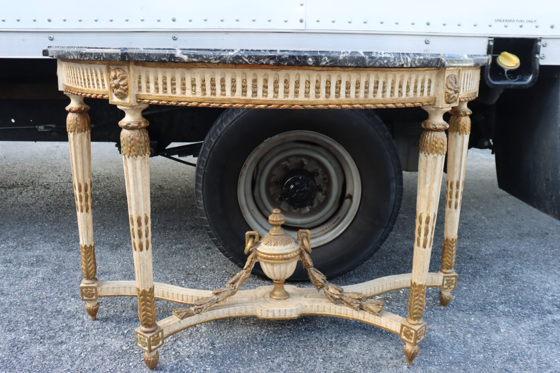 Antique Continental Gilt Marble Top Console: Antique Continental Gilt Marble Top Console. Measurements: 51 x 21 x 34 in.