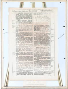 King James Bible Jeremiah Chapter 15 and 16: Printed by Robert Barker 1611. First edition of the English translation. In double sided frame. Sight Size: 15 1/2 x 10 1/2 in. Overall size: 19 x 14 in.