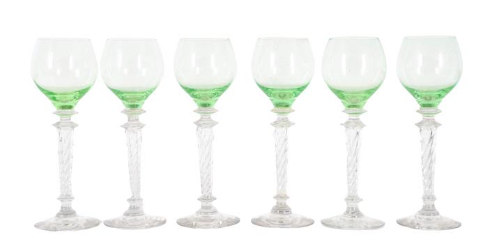 Set of (6) Steuben Clear to Green Wine Goblets: Size: 3 x 3 x 8 in.Provenance: Estate of Dr. Arnold Werschky in Sausalito, California.