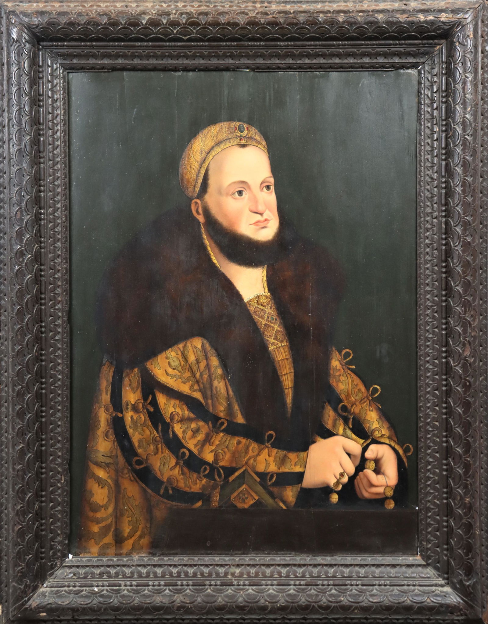 After Cranach, Portrait of Frederick the Wise, O/P: Portrait of Frederick III the Wise Elector of Saxony, after Lucas Cranach the Elder. Oil on panel. There are a few vertical cracks in the panel, but it is in stable condition thanks to the cradle on r