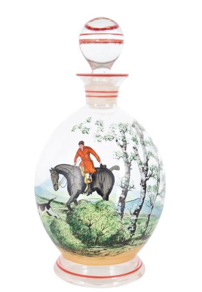 Czech Hand-Painted Glass Vessel: With stopper, image of a hunting scene. Size: 4 x 4 x 8 in.