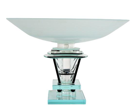 Art Deco Glass Bowl & Pedestal Centerpiece: Shallow bowl design on geometric stepped base, of clear, aqua and black glass. Size: 13 1/2 x 13 1/2 x 9 in.