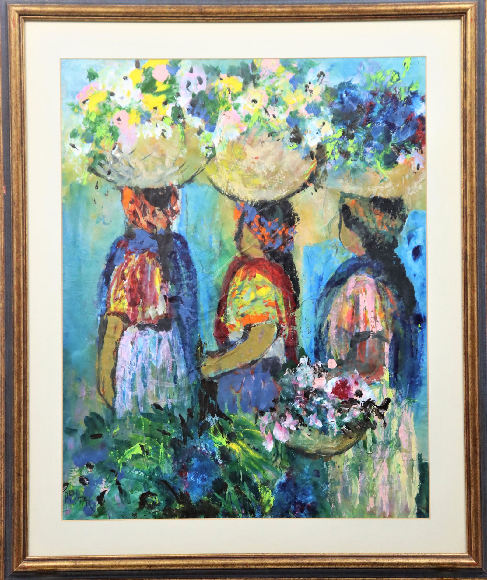 Signed Watercolor, Three Women with Baskets" (1 of 4)