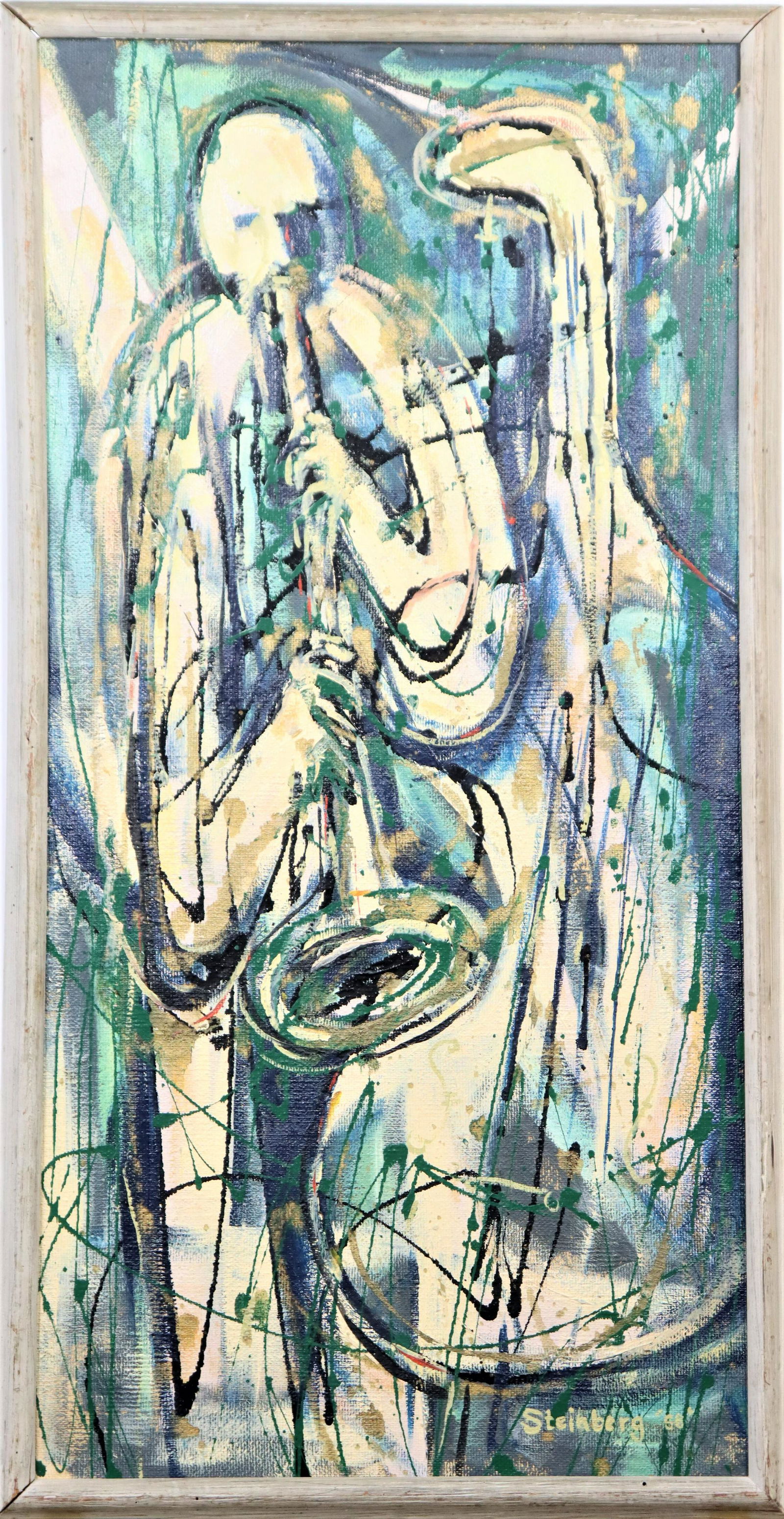 "Man Playing Trumpet" Signed, Oil/Board: Original oil on reverse of masonite, signed Steinberg and dated '58'.Overall size: 38 x 20 in.Sight size: 35 1/2 x 17 1/2 in.