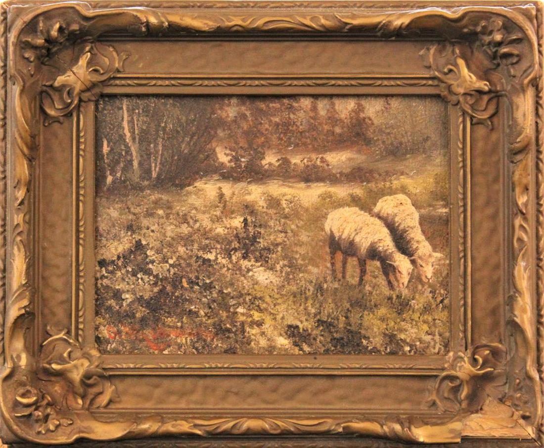 Antique Oil of Two Sheep Grazing, O/B (1 of 5)