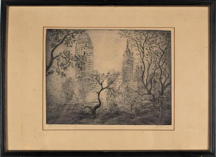 Leon Dolice (1892-1960) American, Etching: "Central Park NY", etching. Leon Louis Dolice was active/lived in New York and is known for Urban landscape, etching.Sight size: 8 x 10 in. Overall size: 12 1/4 x 16 3/4 in.