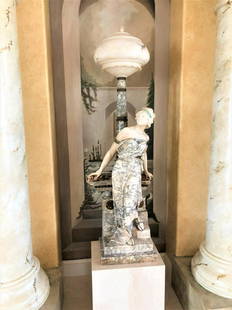 Dante Zoi (19/20th C) Italian, Sculpture/Lamp: Signed left side. Originally intended as a monumental lamp with a translucent globe, beautiful female figure in marble with brass detail. Size: 20 x 15 1/2 x 65 in w/o base