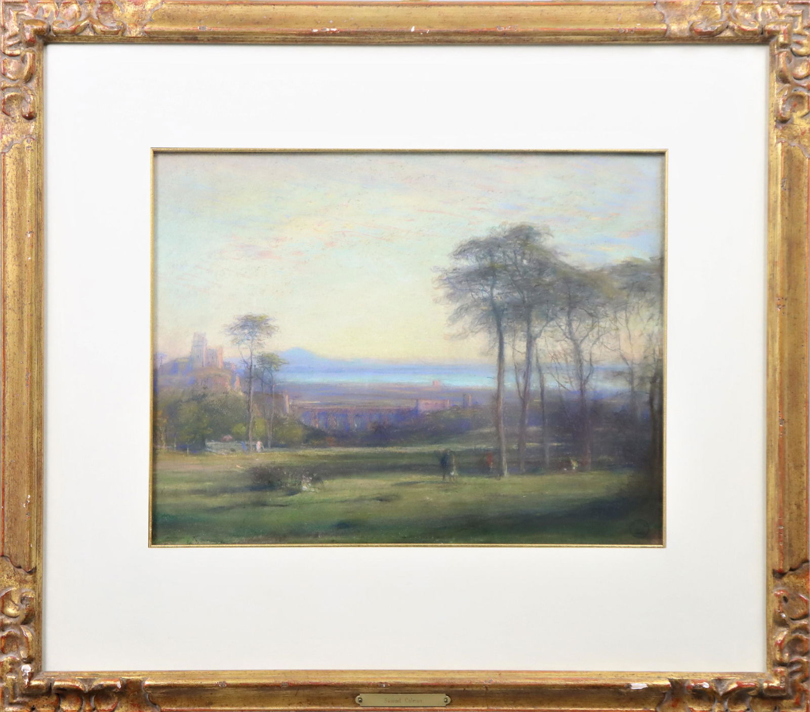Samuel Colman (1832 - 1920) American, Pastel: Samuel Colman (1832 - 1920) American. Estate stamped lower right.Titled: "Figures in a European Landscape". Medium: PastelProvenance: Estate of the Artist. Overall: 18 3/4 x 21 1/4 in. Sight: 10 1/2 x