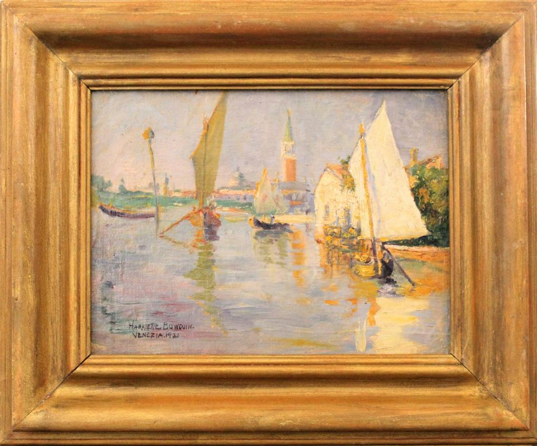 Harriette Bowdoin (1880-1947) American, O/B: Venice - The Grand Canal, oil on board, signed and dated 1921 lower left. Harriette Bowdoin was born in South Hadley Falls, Massachusetts. Known as a painter, illustrator, and worker in crafts and as
