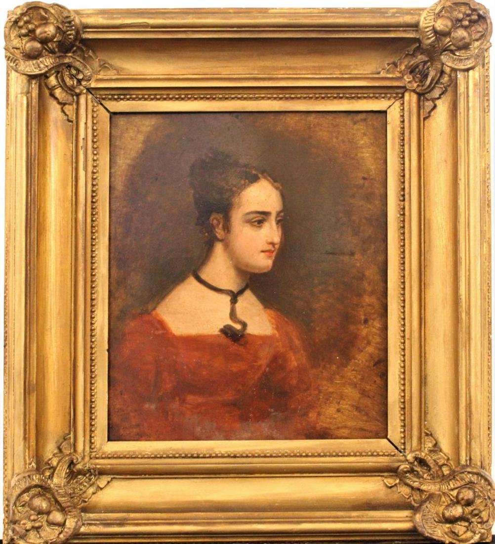Attributed Thomas Sully (1783-1872) Oil on Panel: Portrait of a Young Woman, oil on panel, attributed to Thomas Sully. Sully was the creator of a romantic style of portraiture--elegant, refined, reflective and immensely popular. Indeed, he was arguab
