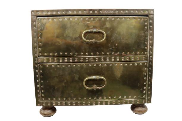 Hollywood Regency Two Drawer Chest: Covered completely in brass and hammered in place with nails, very heavy piece. Size: 20 x 26 x 18 in.
