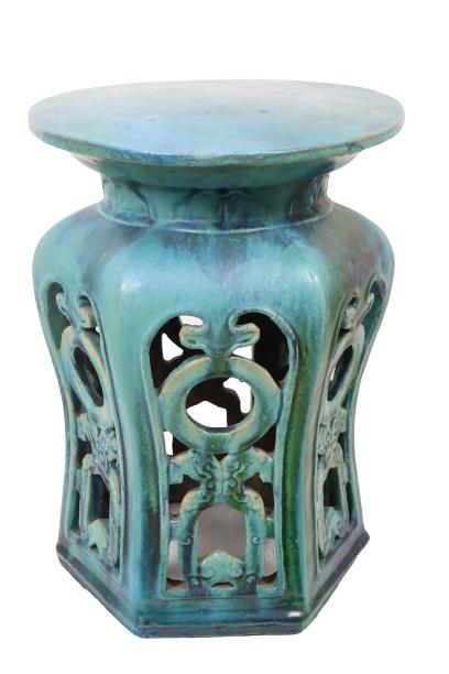Chinese Glazed Earth Ware Garden Seat: Chinese Glazed Earth Ware Garden Seat. This seat has a great blue glaze and lovely design. IN great codition. Size: 15 x 15 x 19 1/2 in.