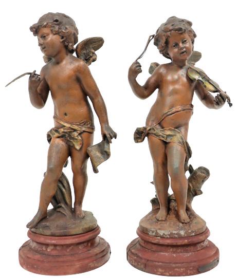 After Moreau Cherub Figures, Pair: After Auguste Moreau, marked on base. Spelter cherubs. Size: 5 1/2 x 5 1/2 x 14 in.