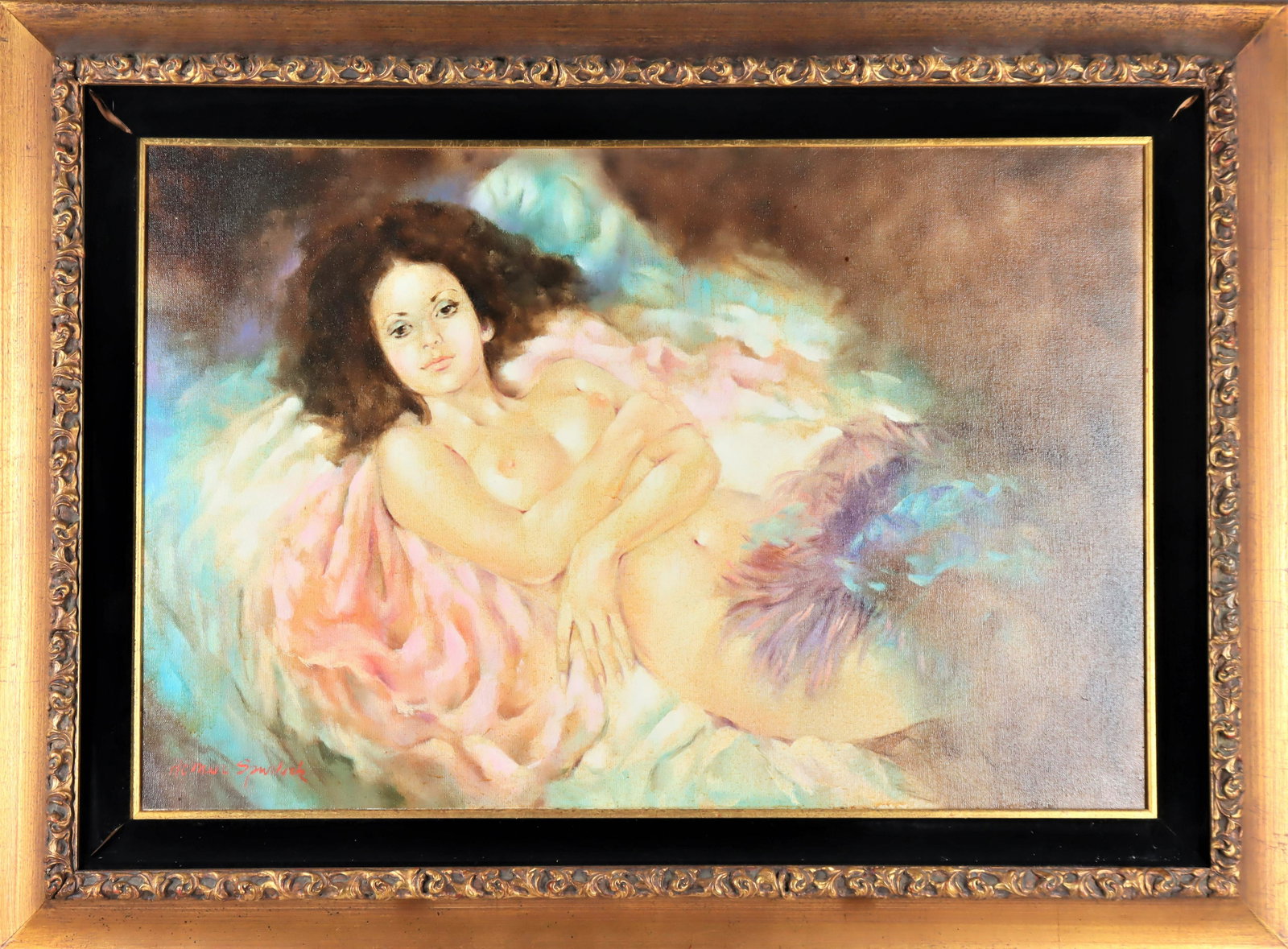 Reclining Nude, 20th c, Signed, Oil on Canvas: Female nude, signed lower left: Homer Spurlock. Framed.Overall size: 34 x 46 in.Sight size: 23 1/2 x 35 1/2 in.