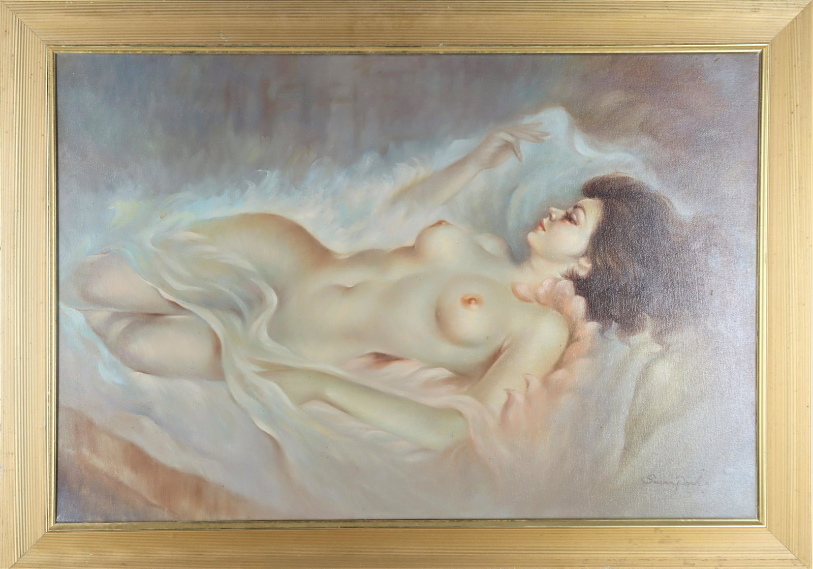 Reclining Nude, Signed, Oil on Canvas: Female reclining nude, oil on canvas, signed upper right: Susan Park.Overall size: 29 x 41 in.Sight size: 24 x 36 in.