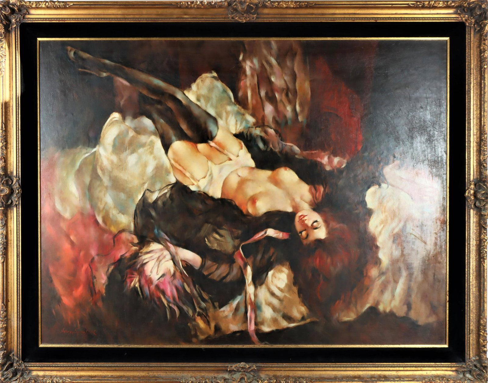 Reclining Nude, 20th C, Signed, Oil on Panel: Reclining female nude in a sensual position wearing black stockings. Signed lower left: Homer Spurlock. Overall size: 44 x 56 1/2 in.Sight size: 35 1/2 x 47 1/2 in.
