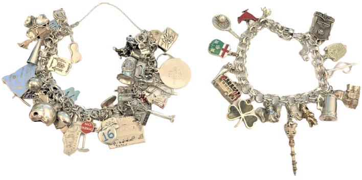 (2) Ladies Sterling Charm Bracelets, 4.5 OZT: 2 Sterling charm bracelets approximately 4.48 OZT. Adorned with several sterling charms.Please note that all sales are final. No refunds will be given under any circumstances. Location O2