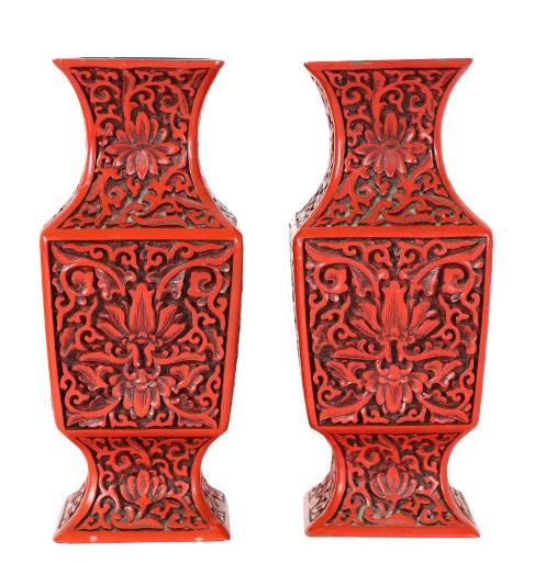 Pair of Chinese Carved Cinnabar Vases (1 of 8)
