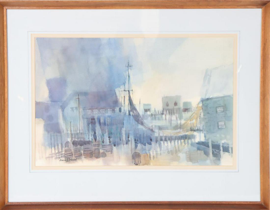 David Hares (20th C.) American, Watercolor: David Hares (20th C.) American. Signed watercolor of New England Wharf. Overall: 22 1/4 x 29 3/4 in.Sight: 13 1/2 x 21 in. Please note that all sales are final. No refunds will be given under any circ
