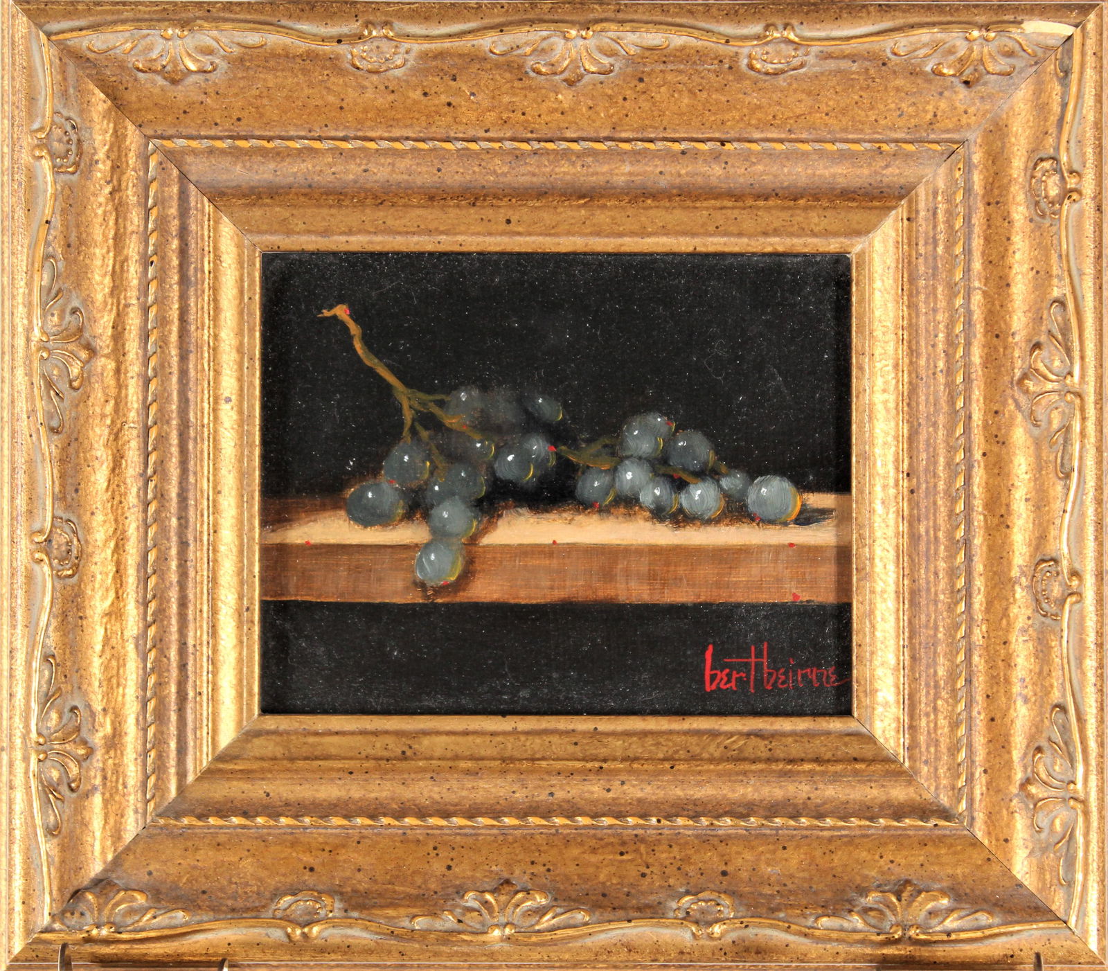 Bert Beirne (20/21st C) American, Oil on Masonite: Bert Beirne (20/21st C) American,"Black Grapes" miniature oil on masonite, signed lower right. A native of Cincinnati, Bert chooses her subjects from a variety of materials and textures--Madeira lace,