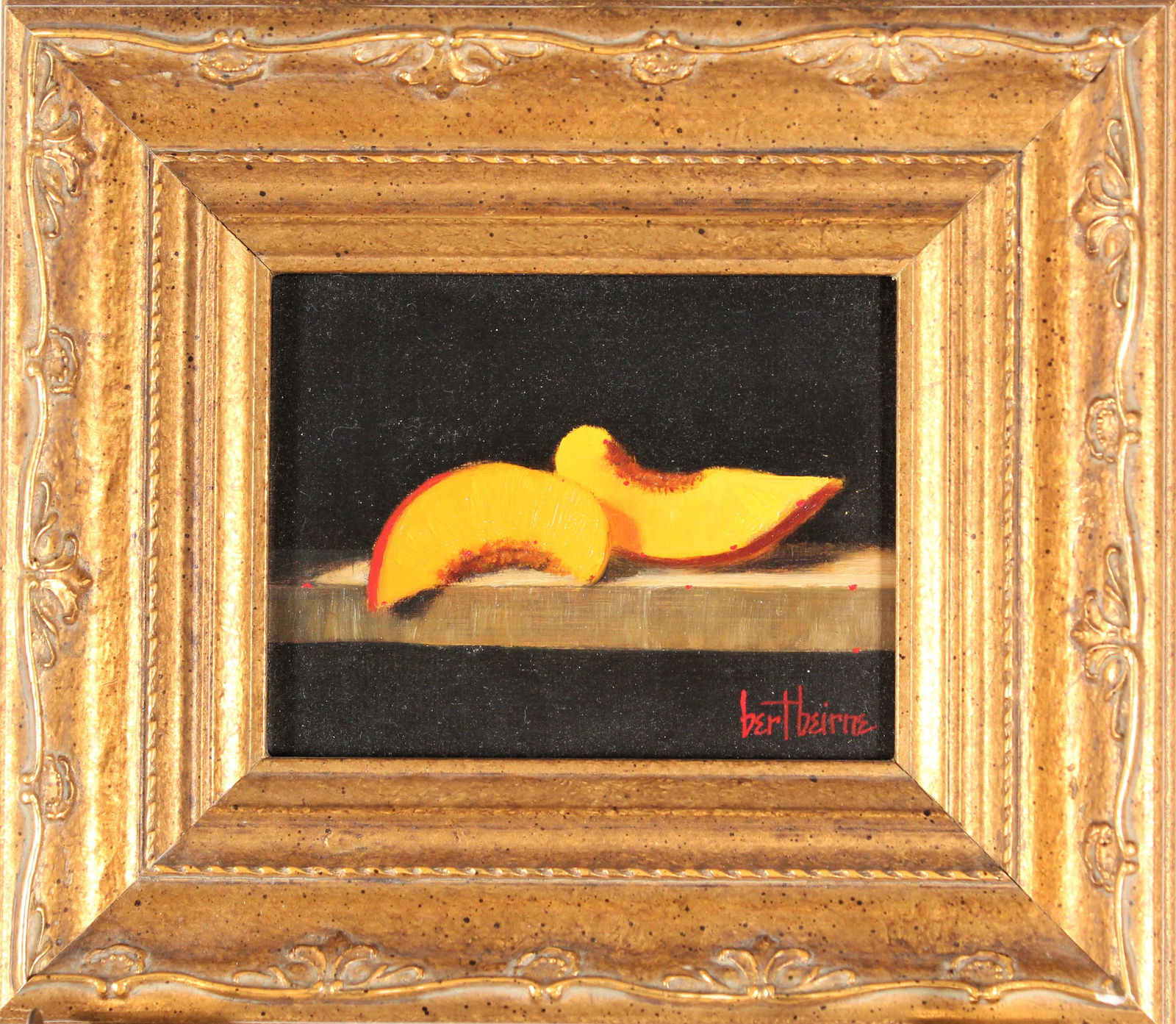 Bert Beirne (20/21st C) American, Oil on Masonite: Bert Beirne (20/21st C) American,"Peach Slices" miniature oil on masonite, signed lower right. A native of Cincinnati, Bert chooses her subjects from a variety of materials and textures--Madeira lace,