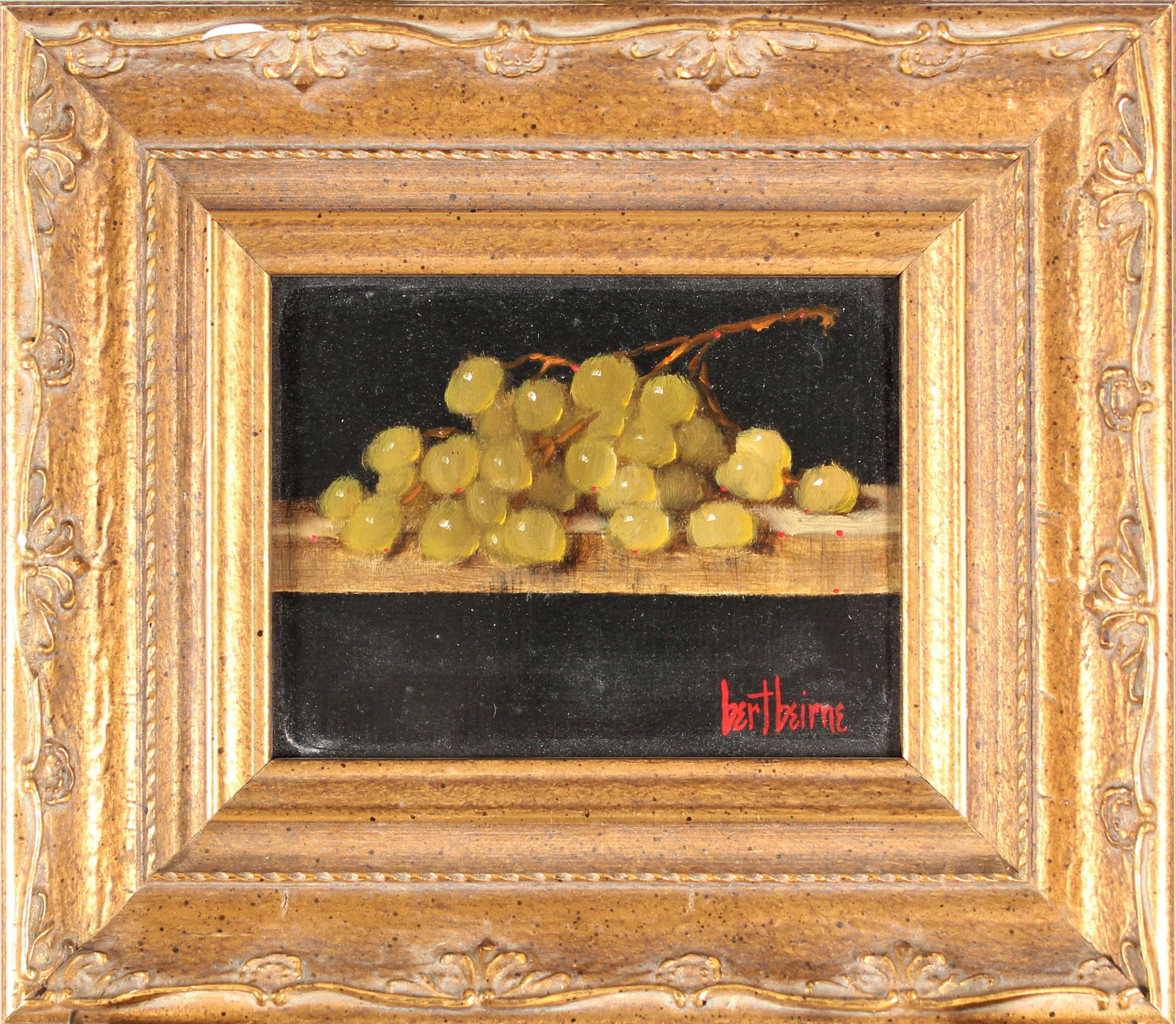 Bert Beirne (20/21st C) American, Oil on Masonite: Bert Beirne (20/21st C) American,"Green Grapes" oil on masonite, signed lower right. A native of Cincinnati, Bert chooses her subjects from a variety of materials and textures--Madeira lace, Persian r