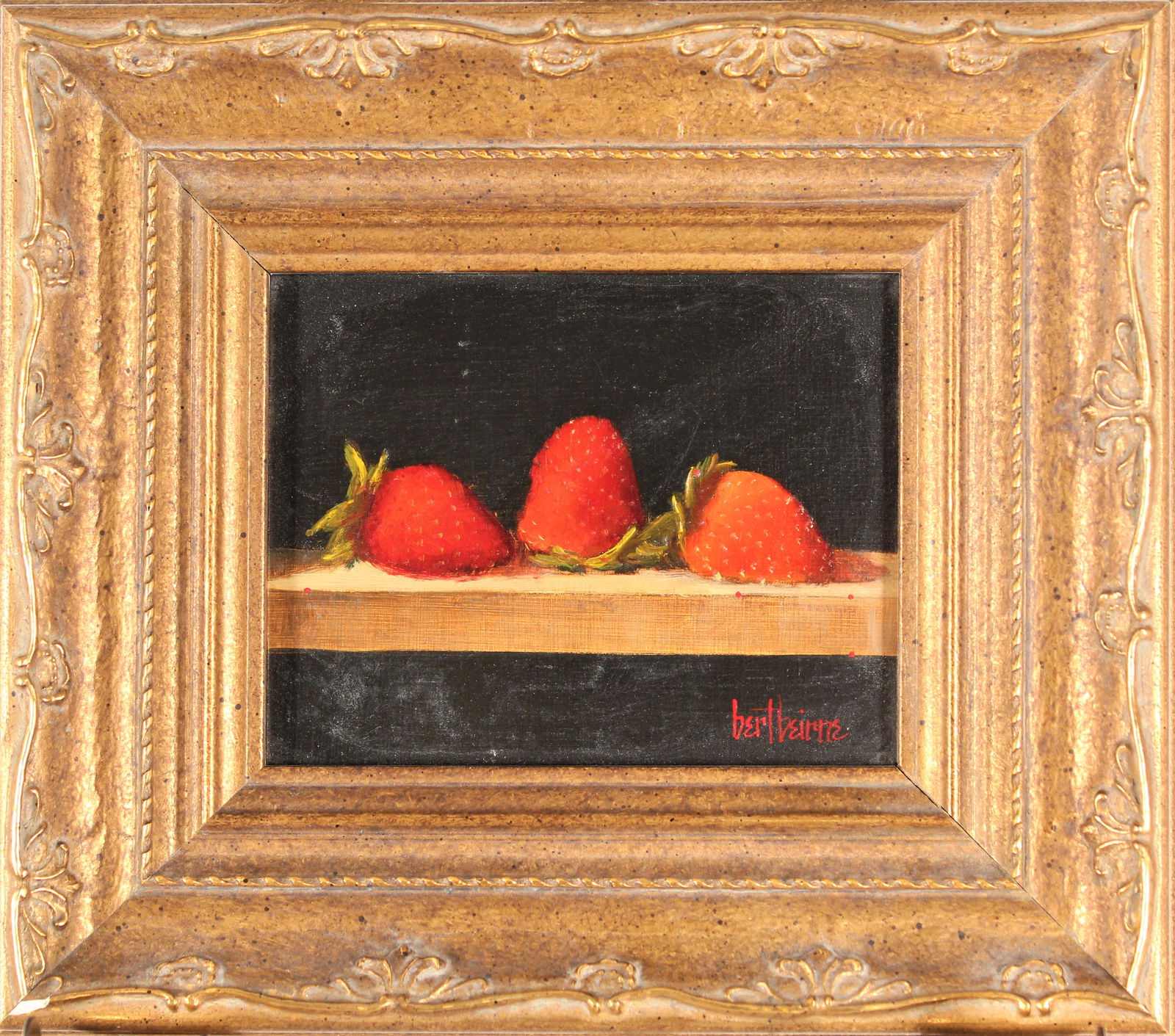 Bert Beirne (20/21st C) American, Oil on Masonite: Bert Beirne (20/21st C) American,"Three Strawberries" miniature oil on masonite, signed lower right. A native of Cincinnati, Bert chooses her subjects from a variety of materials and textures--Madeira