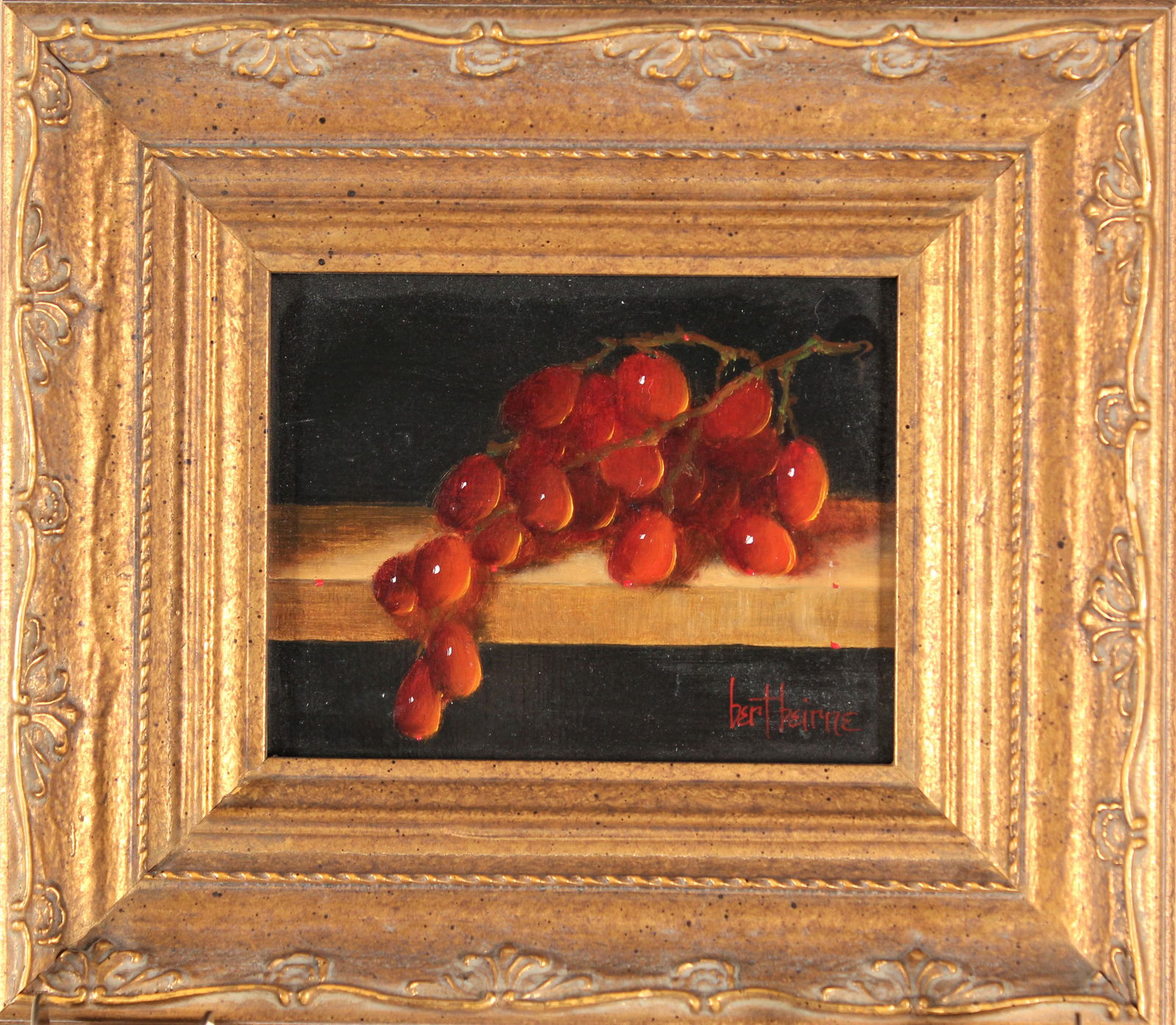 Bert Beirne (20/21st C) American, Oil on Masonite: Bert Beirne (20/21st C) American,"Red Grapes" miniature oil on masonite, signed lower right. A native of Cincinnati, Bert chooses her subjects from a variety of materials and textures--Madeira lace, P