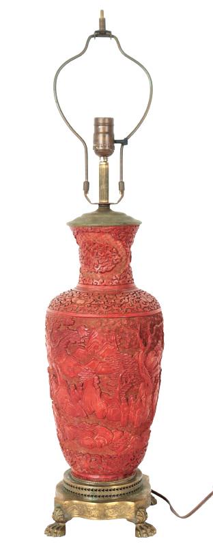 Antique Cinnabar Carved Lamp (1 of 8)