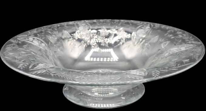 Steuben Engraved Footed Centerpiece Bowl: Steuben engraved footed centerpiece bowl. Size: 3 1/2 x 14 in. Please note that all sales are final. No refunds will be given under any circumstances.