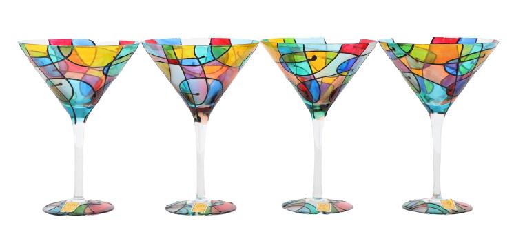 (4) Martini Art Glasses: Set of (4) Martini art glasses. Size: 7 3/4 x 5 1/4 in. Please note that all sales are final. No refunds will be given under any circumstances.