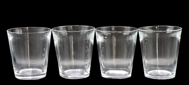 Set of (4) Steuben Tumblers Signed: Four signed clear Steuben Tumblers.Size: 4 1/4 x 4 1/4 in.Please contact Nic at Info@premiershipment.com for a shipping quote prior to bidding. Please keep in mind that all items are sold as is and co
