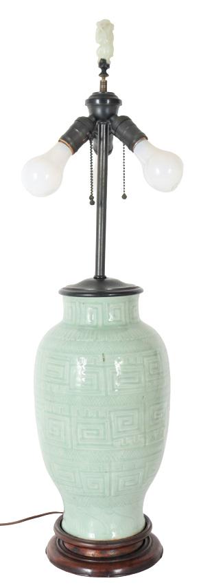Large Chinese Celadon Archaic Form Vase Lamp (1 of 5)