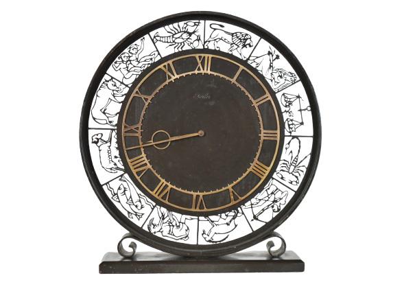 Art Deco Turler Mantle Zodiac Clock: Art Deco Turler Mantle Clock, reticulated zodiac signs rim. Roman numerals. Size: 10 x 2 1/2 x 10 1/2 in.Please contact Nic at Info@premiershipment.com for an estimated shipping quote prior to bidding