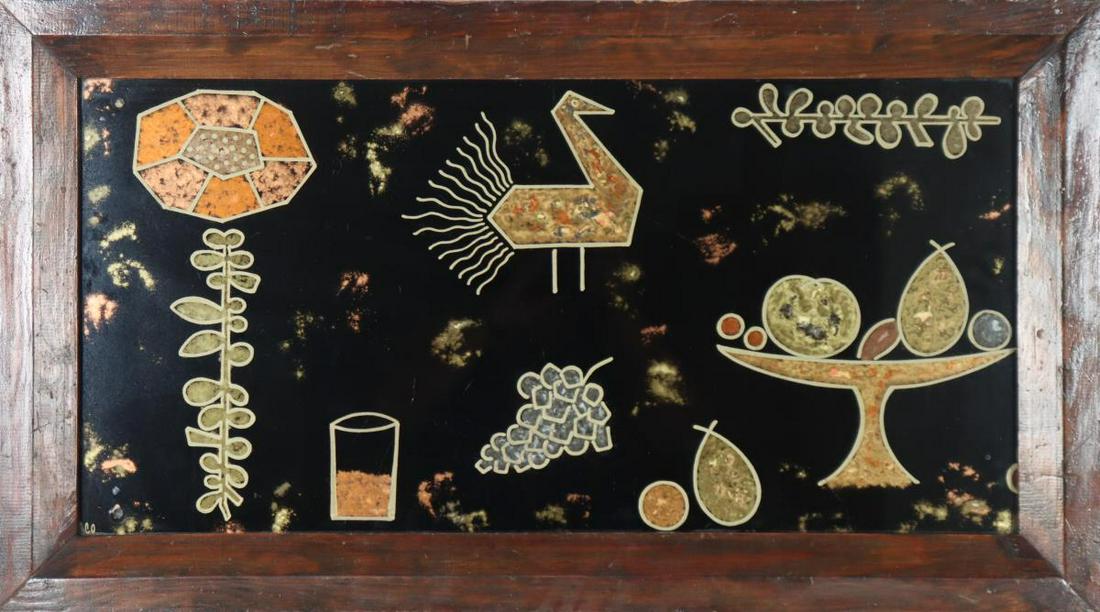 Stylized Painting w Gold Embellishment Under Glass: This is a heavy piece, would be ideal as a coffee table top.Overall: 36 x 20 1/2 in. Sight: 15 x 31 in. Please contact Nic at Info@premiershipment.com for an estimated shipping quote prior to bidding.