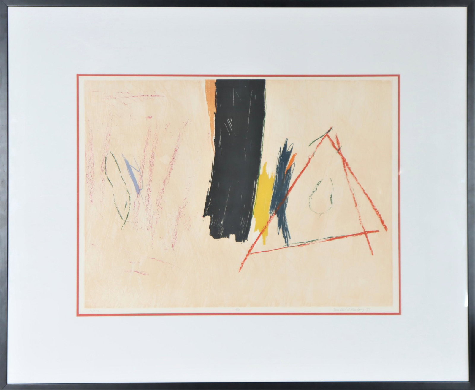 Minimalist Abstract, Lithograph: Titled 'Nia-II', color lithograph in primary colors, numbered 4/8, signed and dated: Michael A. Nusbawg '77.Overall: 37 1/4 x 45 1/2 in.Sight: 22 3/4 x 30 1/2 in. Please contact Nic at Info@premiershi