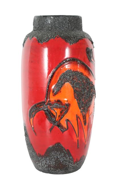 Red & Black Mid-Century Lava Glaze Vase: West German lava-glazed vintage vase in vivid red, orange and black. Size: 9 x 9 x 20 1/2 in. Please contact Nic at Info@premiershipment.com for an estimated shipping quote prior to bidding. Please no