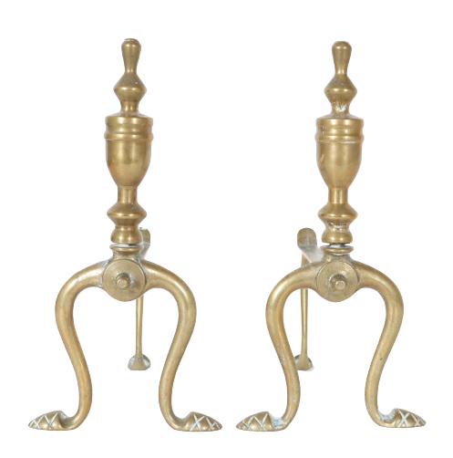 Pair of Small Brass Andirons: Andirons, small size. Size: 6 1/2 x 5 x 10 in. Please contact Nic at Info@premiershipment.com for an estimated shipping quote prior to bidding. Please note that all items are sold as is, and condition