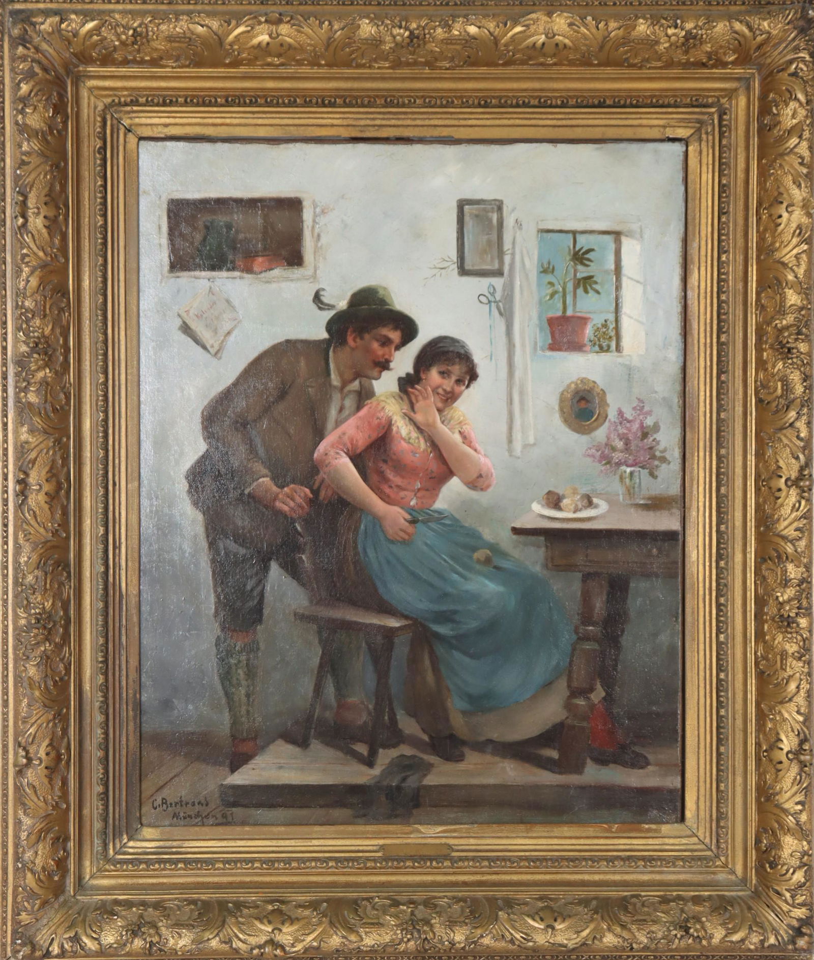 European Couple Interior Scene, Signed Oil/Canvas (1 of 4)