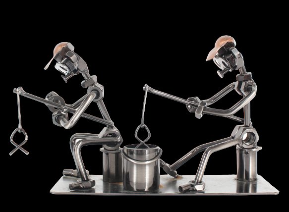 Nut & Bolt Figural Sculpture of Two Fishermen: Nut & Bolt Figural Sculpture of Two FishermenSize: 9 x 3 x 5 in.