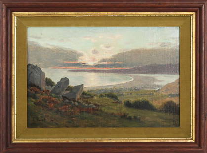 Thaddeus Welch (1844-1919) American, O/C: Thaddeus Welch (1844-1919) American artist, titled “Bolinas Bay at Sunset” signed lower left. Born in La Porte, IN on July 14, 1844. Welch crossed the plains with his family in a prairie schooner