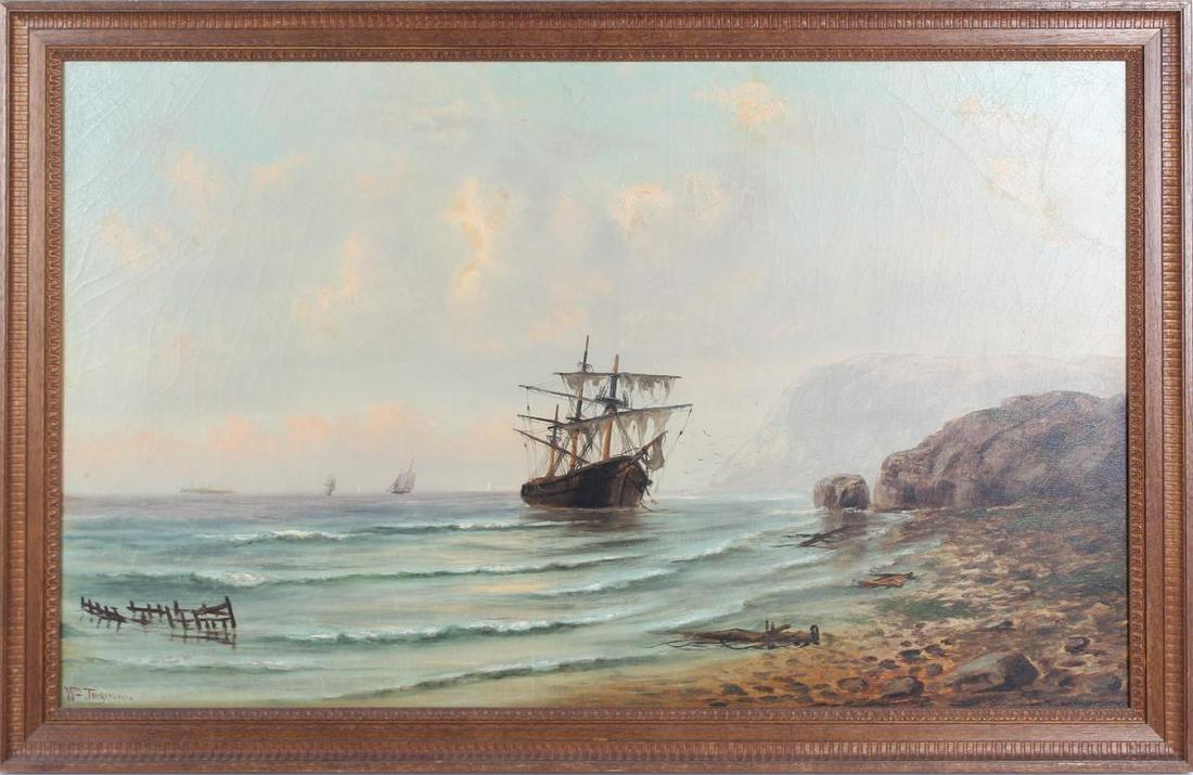 William Torgerson (1833-1890) Swedish/Amer O/C: William Torgerson (1833-1890) Swedish, American artist. Oil on canvas, signed The Shipwreck of the Frank Jones in 1877 off the Golden Gate. Overall size: 25 1/2 x 39 3/4 in. Sight size: 21 1/2 x 35 1/